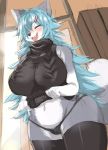  2018 4_fingers anthro big_breasts blue_hair blush breasts canid canine canis clothed clothing eyes_closed female fingers fluffy fluffy_tail fur grey_body grey_fur hair hi_res kemono long_hair mammal navel nukochi open_mouth open_smile smile snout solo teeth tongue wolf ぶなしめじ 