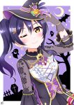  1girl bangs bat blue_hair blush commentary crescent_moon earrings ghost gloves hair_ornament hairclip halloween hand_on_headwear haruharo_(haruharo_7315) hat highres jewelry long_hair long_sleeves looking_at_viewer love_live! love_live!_school_idol_project moon one_eye_closed ponytail pumpkin see-through see-through_sleeves side_ponytail smile solo sonoda_umi swept_bangs witch witch_hat yellow_eyes 