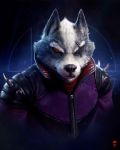  2020 black_nose bust_portrait canid canine canis clothed clothing eye_patch eyewear fur grey_body grey_fur hi_res jacket leather leather_jacket looking_at_viewer male mammal nintendo photorealism portrait raf_grassetti realistic red_eyes shirt signature solo space spike_(disambiguation) star star_fox topwear video_games whiskers wolf wolf_o&#039;donnell zipper 