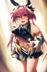  1boy astolfo_(fate) astolfo_(saber)_(fate) bangs black_bow black_ribbon blush bow bowtie comic-z detached_sleeves fang fate/apocrypha fate/grand_order fate_(series) hair_bow hair_intakes hair_ribbon highres long_hair looking_at_viewer multicolored_hair navel otoko_no_ko pink_hair pleated_skirt purple_eyes ribbon skin_fang skirt smile solo streaked_hair twintails white_hair 