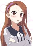  1girl asymmetrical_bangs bangs blush bow brown_eyes brown_hair collarbone crossed_arms hair_bow idolmaster idolmaster_(classic) long_hair long_sleeves minase_iori open_mouth purple_bow shirt simple_background solo standing sweatdrop syuichi very_long_hair white_background white_shirt 