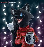  2019 4_fingers anthro black_body black_fur blue_eyes canid canine christmas christmas_sweater clothed clothing cup digital_media_(artwork) fingers fox fur grey_body grey_fur hi_res holidays katxfish looking_at_viewer male mammal multicolored_body multicolored_clothing multicolored_fur open_mouth red_clothing red_fox red_sweater red_topwear silver_fox simple_background smile solo spike_(disambiguation) spike_(spikehidden) standing sweater tongue topwear two_tone_clothing white_body white_fur 