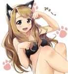  1girl :d animal_ears asymmetrical_bangs bangs bikini black_bikini_top black_hairband blush breasts brown_eyes cat_ears collarbone fake_animal_ears fang hairband idolmaster idolmaster_million_live! looking_at_viewer medium_breasts miyao_miya o-ring o-ring_top open_mouth paw_background paw_pose smile solo strapless strapless_bikini swimsuit syuichi underboob white_background 