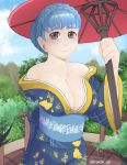  1girl bare_shoulders blue_hair blush breasts brown_eyes cleavage fire_emblem forest highres japanese_clothes kimono large_breasts looking_at_viewer loose_clothes marianne_von_edmund nature signature smile solo traveler_san umbrella watermark 