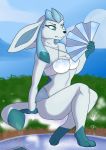  2020 angry anthro aura bikini breasts clothed clothing digital_media_(artwork) eeveelution female fingers frost glaceon grumpy_griffin_creations hair hand_fan hi_res holding_object looking_at_viewer nintendo outside pok&eacute;mon pok&eacute;mon_(species) scowl snow solo swimwear topwear video_games 