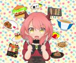  1girl absurdres arms_up black_choker black_neckwear blush bow bowl bowtie brooch chibi choker commentary_request curry curry_rice dragon_horns eyebrows_visible_through_hair fafnir_guildmelag_linda_blair_hanako fang food fork hair_between_eyes hamburger highres holding holding_fork holding_knife horns jewelry juliet_sleeves katsudon_(food) kemonomichi knife long_sleeves looking_at_viewer mogumin_(ryoma0509) obentou omurice onigiri open_mouth osechi pink_hair plate pudding puffy_sleeves red_shirt rice shirt short_hair solo standing star starry_background steak takoyaki underbust upper_body yakitori yellow_background yellow_eyes 