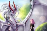  2018 clothed clothing day detailed_background digital_media_(artwork) dragon female hair horn human juliagoldfox mammal membrane_(anatomy) membranous_wings outside pink_hair scalie sky western_dragon white_hair wings 