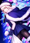  1girl artoria_pendragon_(all) ass bangs black_legwear blonde_hair blue_cloak blue_dress blue_gloves blue_headwear blurry blurry_background breasts brown_eyes christmas christmas_lights christmas_tree cloak commentary_request depth_of_field dress dutch_angle eyebrows_visible_through_hair fate/stay_night fate_(series) fur-trimmed_cloak fur-trimmed_hood fur_trim gloves gogatsu_fukuin hair_between_eyes hat highres holding holding_sack hood hood_down hooded_cloak medium_breasts pantyhose saber_alter sack santa_costume santa_hat solo 