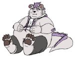  anthro behemoth behemoth_(housamo) belly bottomwear clothed clothing eyes_closed frung&uuml;s fur hi_res hoodie horn male mammal navel overweight overweight_male pants sitting smile solo tokyo_afterschool_summoners topwear video_games 
