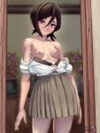  1girl :&lt; artist_name black_hair bleach bra_slip breasts brown_skirt commentary english_commentary hair_between_eyes highres kuchiki_rukia nipples off-shoulder_shirt off_shoulder open_clothes open_shirt pleated_skirt purple_eyes school_uniform shirt short_hair skirt small_breasts solo standing tumtumisu twitter_username 