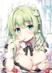  1girl alternate_costume areola_slip areolae bangs bare_shoulders blue_eyes blurry blurry_background blush breasts commentary_request enmaided eyebrows_visible_through_hair finger_to_mouth food frog_hair_ornament fruit green_hair hair_ornament hair_tubes hand_up kochiya_sanae large_breasts long_hair looking_at_viewer maid maid_headdress miyase_mahiro single_sidelock snake_hair_ornament solo strawberry touhou upper_body wrist_cuffs 