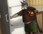  anthro belly brown_body brown_fur brown_hair clothed clothing felid feline food fridge fur grin hair holding_food holding_object inside lynx male mammal meat overweight overweight_male smile solo standing sugarboy tach_(tach0012) weight_gain 