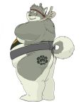  accessory anthro asian_clothing belly butt canid canine canis claws clothed clothing domestic_dog east_asian_clothing fur grey_body grey_fur headband hi_res japanese_clothing male mammal mawashi moobs nipples obese obese_male open_mouth open_smile overweight overweight_male simple_background skimpy smile solo standing tattoo thick_thighs toe_claws white_background white_body white_fur yo_bigbear 