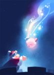  :d castle coat falling gigi_d.g. king_dedede kirby kirby&#039;s_dream_land_2 kirby_(series) looking_at_another open_mouth outstretched_arms rainbow_sword red_coat red_headwear sky smile star star_(sky) starry_sky 
