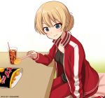  1girl absurdres bangs black_shirt blonde_hair blue_eyes braid casual chips closed_mouth commentary cup darjeeling_(girls_und_panzer) dated drinking_glass drinking_straw duke_(kimurasun) food girls_und_panzer highres holding indoors jacket kotatsu looking_at_viewer open_clothes open_jacket pants potato_chips red_jacket red_pants shirt short_hair single_vertical_stripe sitting smile soda solo table tied_hair track_pants track_suit tweezers twitter_username white_background 
