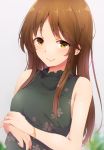  1girl alternate_hairstyle bangs bare_arms blurry blurry_background blush bracelet eyebrows_visible_through_hair floral_print hair_over_shoulder halftone halftone_background highres idolmaster idolmaster_cinderella_girls jewelry light_brown_hair long_hair looking_at_viewer parted_bangs ryuu. shirt sleeveless sleeveless_shirt smile solo takamori_aiko upper_body yellow_eyes 