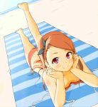  1girl bangs barefoot beach bikini black_bow bow breasts brown_hair closed_mouth collarbone day full_body hair_bow highres idolmaster idolmaster_(classic) long_hair looking_at_viewer minase_iori outdoors red_bikini red_eyes red_ribbon ribbon side-tie_bikini small_breasts smile soles solo swept_bangs swimsuit syuichi untied untied_bikini 