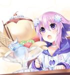 1girl bimmy blush d-pad d-pad_hair_ornament food hair_ornament highres holding holding_spoon long_hair looking_at_viewer neptune_(neptune_series) neptune_(series) open_mouth pudding purple_eyes purple_hair short_hair solo spoon 