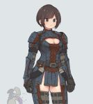  1girl 1other armor belt black_eyes black_gloves breasts brown_hair check_copyright cleavage commentary_request cowboy_shot genso gloves grey_background highres leg_armor medium_breasts original short_hair shoulder_armor standing thighhighs 