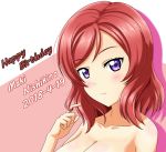  1girl 2018 arjend bangs blush breasts character_name cleavage closed_mouth collarbone dated frown happy_birthday long_hair looking_at_viewer love_live! love_live!_school_idol_project medium_breasts nishikino_maki nude portrait purple_eyes red_hair shiny shiny_hair solo swept_bangs 