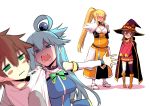  1boy 3girls :d :i aqua_(konosuba) bandaged_leg bandages bangs beads belt black_gloves black_legwear blonde_hair blue_eyes blue_hair blush boots brown_eyes brown_hair cape closed_eyes commentary crossed_arms darkness_(konosuba) detached_sleeves eyebrows_visible_through_hair gloves green_eyes hair_beads hair_between_eyes hair_ornament hair_rings hat highres hitotose_rin knee_boots kono_subarashii_sekai_ni_shukufuku_wo! long_hair looking_to_the_side megumin multiple_girls nose_blush o3o open_mouth outstretched_arm ponytail pregnant satou_kazuma shaded_face shirt_grab short_hair simple_background single_thighhigh smile thighhighs very_long_hair white_background witch_hat x_hair_ornament 