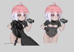  1girl :&lt; ahoge bangs black_gloves black_leotard breasts cleavage_cutout commentary_request covered_navel cropped_legs gloves gradient_hair grey_background gun hair_between_eyes leotard looking_away monocular multicolored_hair multiple_views nyifu original pink_eyes pink_hair rifle short_hair short_sleeves simple_background small_breasts sniper_rifle v-shaped_eyebrows weapon white_hair 