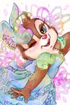  a_ro5252 anthro blue_clothing blue_dress blue_eyes blush cheek_tuft chipmunk clarice_(disney) clothed clothing disney dress eyelashes facial_tuft female fur ground_squirrel headdress hi_res lily_of_the_valley mammal one_eye_closed open_mouth open_smile red_nose rodent sciurid simple_background smile tan_body tan_fur tuft wink 