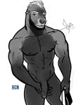  2020 abs anthro balls bgn biceps big_penis biped clothing ear_piercing ear_ring erection facial_hair fur genitals holding_penis humanoid_penis jockstrap looking_at_viewer male mammal manly marine mendo_(bgn) muscular muscular_male nipples nude pecs penis piercing pinniped sea_lion simple_background smile solo standing underwear whiskers 