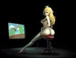  1girl artist_request ass blonde_hair blue_eyes breasts crown earrings high_heels jewelry long_hair mario mario_(series) nintendo nude playing_games princess princess_peach shoes sitting solo squidsweater stool super_mario super_mario_bros. thighhighs video_game video_games white_legwear white_thighhighs 