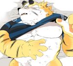  2020 anthro belly blush clothing felid humanoid_hands hyaku_(artist) kemono lying male mammal pantherine shirt tiger topwear 