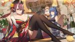  2girls azur_lane bamboo bare_shoulders black_legwear blue_eyes blue_hair blue_kimono bottle breasts chinese_commentary chopsticks cleavage collarbone cup flower fur-trimmed_kimono fur_trim hair_flower hair_ornament hair_rings heterochromia highres horns ibuki_(azur_lane) indoors izumo_(azur_lane) japanese_clothes katana kimono large_breasts looking_at_viewer manjuu_(azur_lane) multiple_girls no_shoes obi obijime off-shoulder_kimono off_shoulder oni_horns pointy_ears purple_hair red_eyes red_kimono sakazuki sake_bottle sash short_hair sword tatami thighhighs weapon wide_sleeves xtears_kitsune 