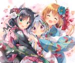  3girls :d ^_^ ahoge animal_ear_fluff animal_ears bangs bell black_flower black_hair black_kimono blue_flower blue_kimono blush brown_hair cat_ears cat_girl cat_tail closed_eyes commentary_request eyebrows_visible_through_hair floral_print flower girl_sandwich green_eyes green_hakama hair_between_eyes hair_flower hair_ornament hakama hug japanese_clothes jingle_bell kimono kokkoro_(princess_connect!) kyaru_(princess_connect) long_hair long_sleeves multicolored_hair multiple_girls open_mouth pan_(mimi) pecorine princess_connect! princess_connect!_re:dive print_kimono red_eyes red_flower sandwiched silver_hair smile streaked_hair tail very_long_hair white_flower white_hair white_kimono wide_sleeves 