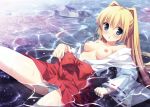  blonde_hair blush breasts cropped hulotte ikegami_akane imouto_no_okage_de_mote_sugite_yabai japanese_clothes long_hair miko nipples no_bra open_shirt panties ponytail tagme_(character) underwear water wet 