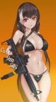  1girl absurdres bikini black_bikini black_hair blush breasts cleavage collarbone colt_smg franz_(217franz) girls_frontline gradient gradient_background gun heterochromia highres large_breasts looking_at_viewer multicolored_hair orange_background orange_eyes parted_lips red_eyes ro635_(girls_frontline) shadow shiny shiny_clothes shiny_hair solo standing strap streaked_hair submachine_gun swimsuit weapon 