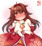  1girl alternate_costume artist_logo bare_shoulders blush breasts brown_eyes brown_hair cleavage commentary_request dated food fruit hair_flaps hairband highres japanese_clothes kagami_mochi kanon_(kurogane_knights) kantai_collection kimono large_breasts long_hair mandarin_orange nose_blush red_hairband red_kimono shiratsuyu_(kantai_collection) simple_background solo upper_body white_background 