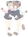  2girls alternate_costume animal_ears bangs bear_ears beret blue_eyes blue_headwear blue_scarf blush brown_eyes brown_hair eyebrows_visible_through_hair fake_animal_ears full_body fur_trim gloves hat highres jacket kantai_collection long_sleeves multiple_girls paw_gloves paw_shoes paws pink_scarf pom_pom_(clothes) scarf shiosoda shoes short_hair silver_hair simple_background smile standing standing_on_one_leg tail white_background z1_leberecht_maass_(kantai_collection) z3_max_schultz_(kantai_collection) 