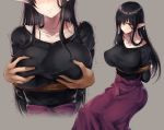 1boy 1girl :o alice_gear_aegis arms_behind_back bangs black_hair black_shirt blush bound bound_arms breast_grab breasts collarbone commentary_request deep_skin earrings eyelashes grabbing grabbing_from_behind grey_background groping hair_over_one_eye hetero highres jewelry kagome_misaki large_breasts long_hair mole mole_under_eye multiple_views open_mouth purple_eyes purple_skirt puru_(ex-150) restrained rope shirt sidelocks simple_background sitting skirt solo_focus tied_up trembling 