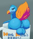  2020 anthro anus avian backsack balls beak big_balls big_butt bird blue_balls blue_body blue_eyes blue_feathers butt coffee_cup columbid dodo eyelashes feathers genitals girly hi_res humor long_eyelashes looking_at_viewer male not_safe_for_reality orange_beak orange_body orange_feathers presenting presenting_hindquarters pun solo text 