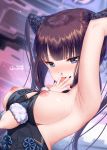  1girl artist_name bangs bare_shoulders between_breasts black_dress blue_eyes blunt_bangs blurry blurry_background breasts brown_hair depth_of_field dress dutch_angle eyebrows_visible_through_hair fate/grand_order fate_(series) fingernails fur_trim hand_between_breasts hand_on_own_face haneru highres large_breasts long_fingernails long_hair lying multicolored multicolored_nails nail_polish naughty_face nipple_slip nipples on_back saliva sleeveless sleeveless_dress smile solo sweat tongue tongue_out twintails upper_body yang_guifei_(fate/grand_order) 