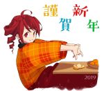  2019 ahoge anco8pizz commentary drill drill_hair fingers_together food from_side fruit happy_new_year japanese_clothes kasane_teto kimono kotatsu looking_at_viewer looking_to_the_side mandarin_orange new_year orange_kimono orange_peel plaid_kimono red_eyes red_hair short_hair smile stretch table translated twin_drills upper_body utau white_background 