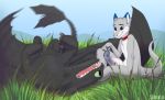  anthro dragon dreamworks duo feral fish fur furred_dragon grass how_to_train_your_dragon lying marine night_fury on_back outside scalie senky sinalanf toothless western_dragon 