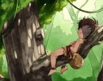 1boy anklet bag bare_legs bare_shoulders barefoot commentary day in_tree jewelry lying male_focus on_back original outdoors plant short_hair sitting sitting_in_tree thebrushking tree tribal vines 