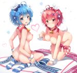  2girls absurdres ahoge all_fours ass bangs bell between_buttocks blue_eyes blue_hair blue_legwear blue_ribbon blush bow breasts bunny_tail chintora0201 commentary_request eyebrows_visible_through_hair fang from_behind hair_bow hair_ornament hair_over_one_eye hair_ribbon hand_on_ass highres kneeling large_breasts looking_at_viewer maid_headdress merry_christmas multiple_girls nipples nude open_mouth pink_bow pink_eyes pink_hair purple_ribbon ram_(re:zero) re:zero_kara_hajimeru_isekai_seikatsu rem_(re:zero) ribbon short_hair simple_background skin_fang smile socks striped striped_legwear tail take_your_pick topless white_background white_legwear x_hair_ornament 