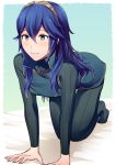  1girl all_fours ameno_(a_meno0) aqua_background arm_support bangs blue_dress blue_eyes blue_hair blush bodysuit breasts commentary_request dress eyelashes fire_emblem fire_emblem_awakening full_body gold_trim gradient gradient_background long_hair looking_at_viewer lucina_(fire_emblem) no_shoes shiny shiny_hair sidelocks small_breasts solo tiara 