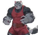  2020 5_fingers anthro belt biceps big_muscles black_body black_fur claws clothing felid fingers fur looking_at_viewer male mammal muscular muscular_male pantherine pawpads pecs pink_nose red_eyes rollingstoneeeeee shirt simple_background solo standing striped_body striped_fur stripes t-shirt tiger tight_clothing topwear triceps white_background white_body white_claws white_fur wrestler wrestling_singlet 