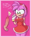  2019 4_fingers accessory amy_rose anthro balls bodily_fluids breasts clothed clothing dialogue disembodied_penis dress duo english_text erection eulipotyphlan female fingers genitals green_eyes hair_accessory hairband hedgehog hi_res humanoid_penis looking_at_penis malcontentus male mammal nervous open_mouth penis penis_awe pink_background simple_background sonic_the_hedgehog_(series) sweat sweatdrop text video_games 