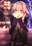  1boy astolfo_(fate) bangs black_bow black_legwear blush bow braid commentary_request fang fate/grand_order fate_(series) hair_bow hair_intakes jacket long_hair looking_at_viewer male_focus multicolored_hair nakajima_kotoko otoko_no_ko pantyhose pink_hair purple_eyes purple_jacket single_braid skin_fang smile solo streaked_hair 