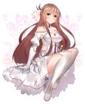  1girl artist_name asuna_(sao) bangs bare_shoulders blush breasts brown_eyes brown_hair commentary_request dress gloves harukagi long_hair long_sleeves looking_at_viewer smile solo sword_art_online thighhighs white_dress white_gloves white_legwear 