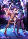  2girls absurdres armpits arms_up bangs bare_shoulders bow bowtie breasts cleavage closed_mouth clothing_cutout detached_collar genshin_impact hair_ornament high_heels highres large_breasts long_hair looking_at_viewer multiple_girls navel navel_cutout pantyhose parted_lips pink_hair pole pole_dancing purple_eyes purple_footwear purple_hair purple_legwear radishkek raiden_shogun red_footwear smile stripper stripper_pole thighhighs thighs twitter_username wrist_cuffs yae_(genshin_impact) 