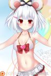  1girl 2020 animal_ears balloon bikini bikini_skirt chinese_zodiac fake_animal_ears frills gabriel_grayford granblue_fantasy hairband highres rat_ears red_eyes ribbon short_hair solo swimsuit vikala_(granblue_fantasy) white_hair year_of_the_rat 